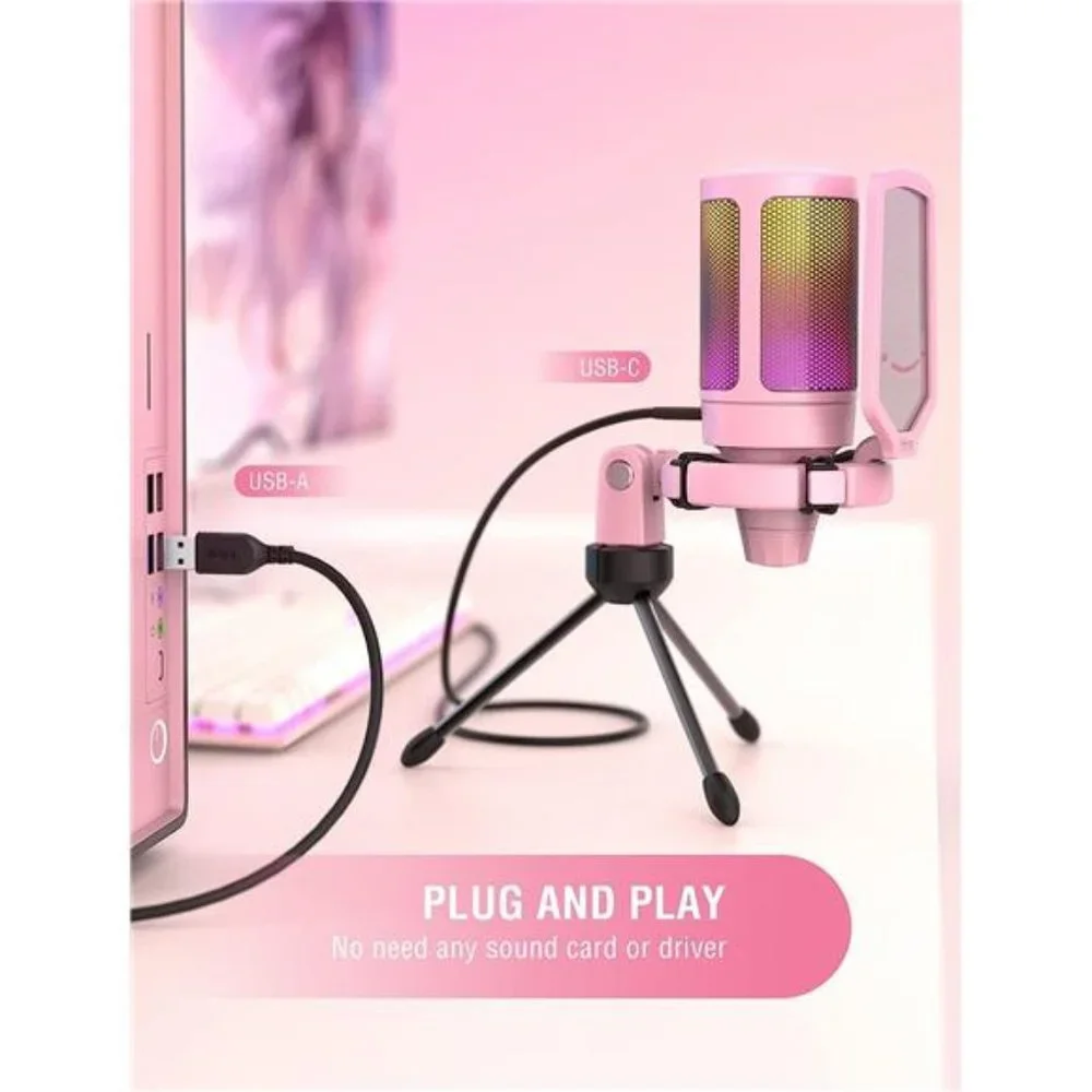 USB Gaming PC Microphone for Streaming Podcasts,AmpliGame RGB PC Condenser Mic